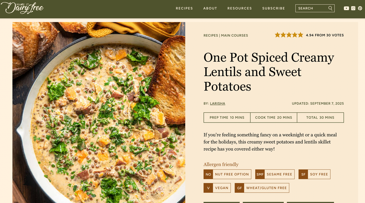 Recipe: Creamy Sweet Potato and Lentils