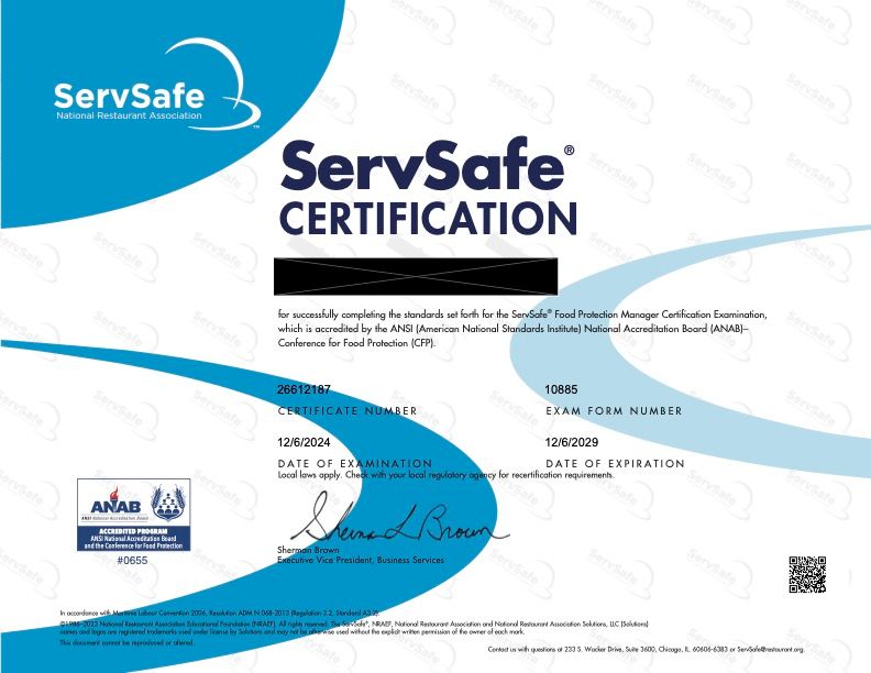 Serv-Safe Certified!!