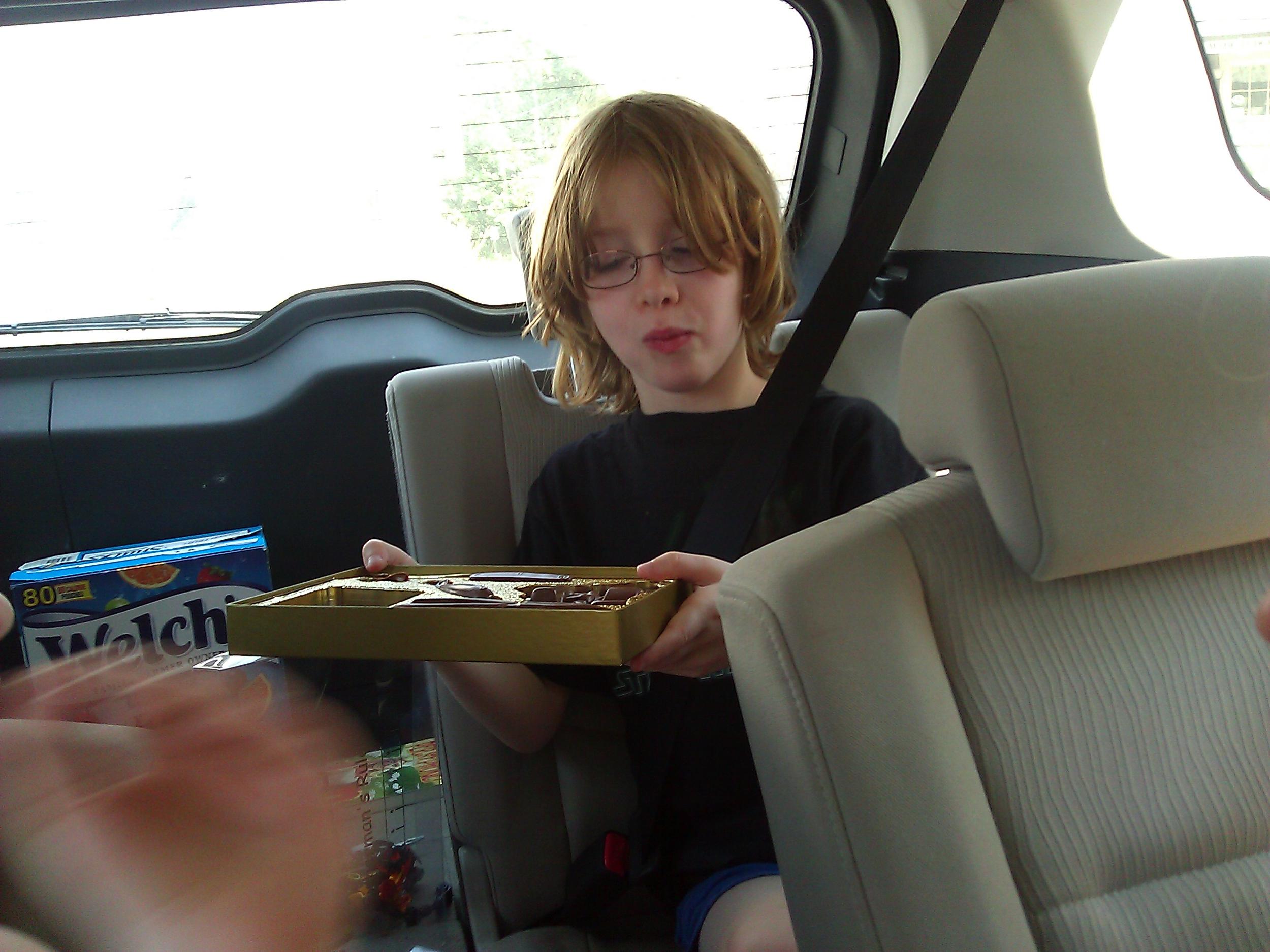 Buster and his "tackle box" of chocolate.