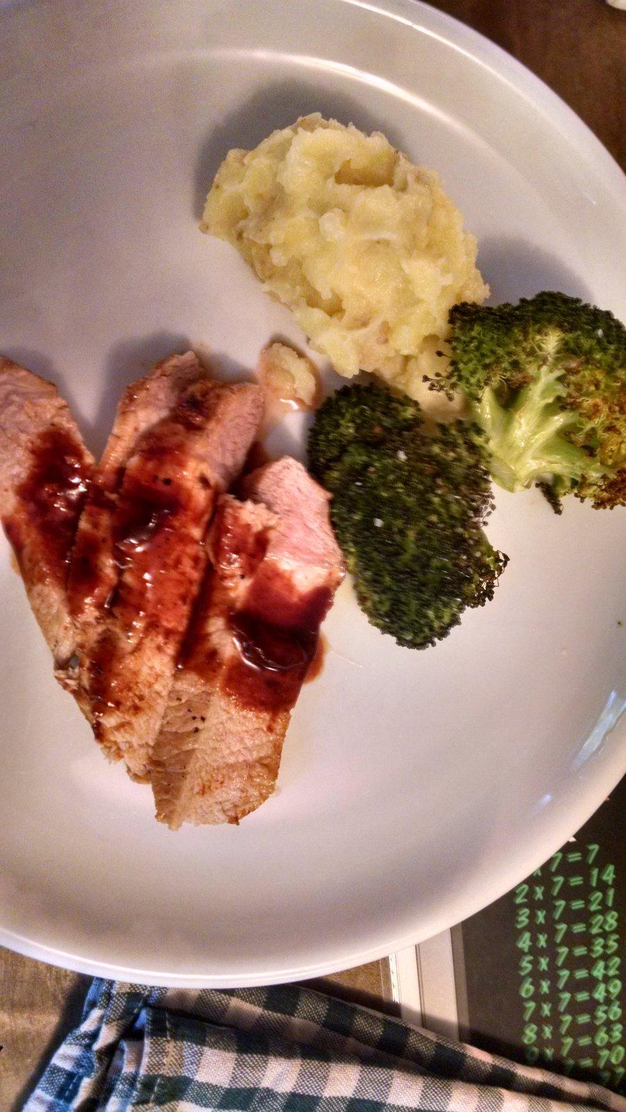 Chipotle-Glazed Pork Chops with Garlic Mashed Potatoes and Roasted Broccoli (from the previous box)