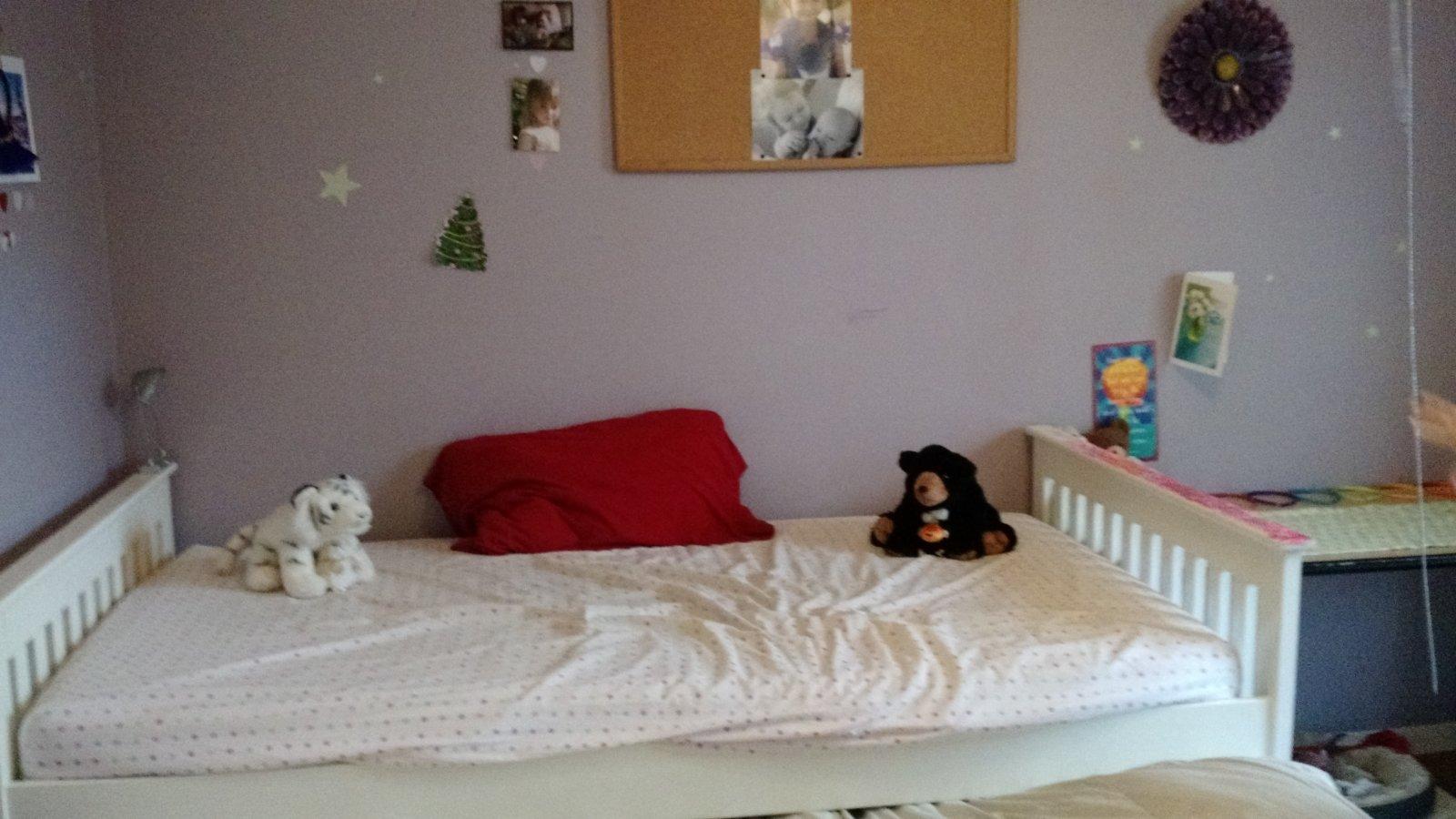 Her upper bed with stuffed animals ready to welcome one of their kind.