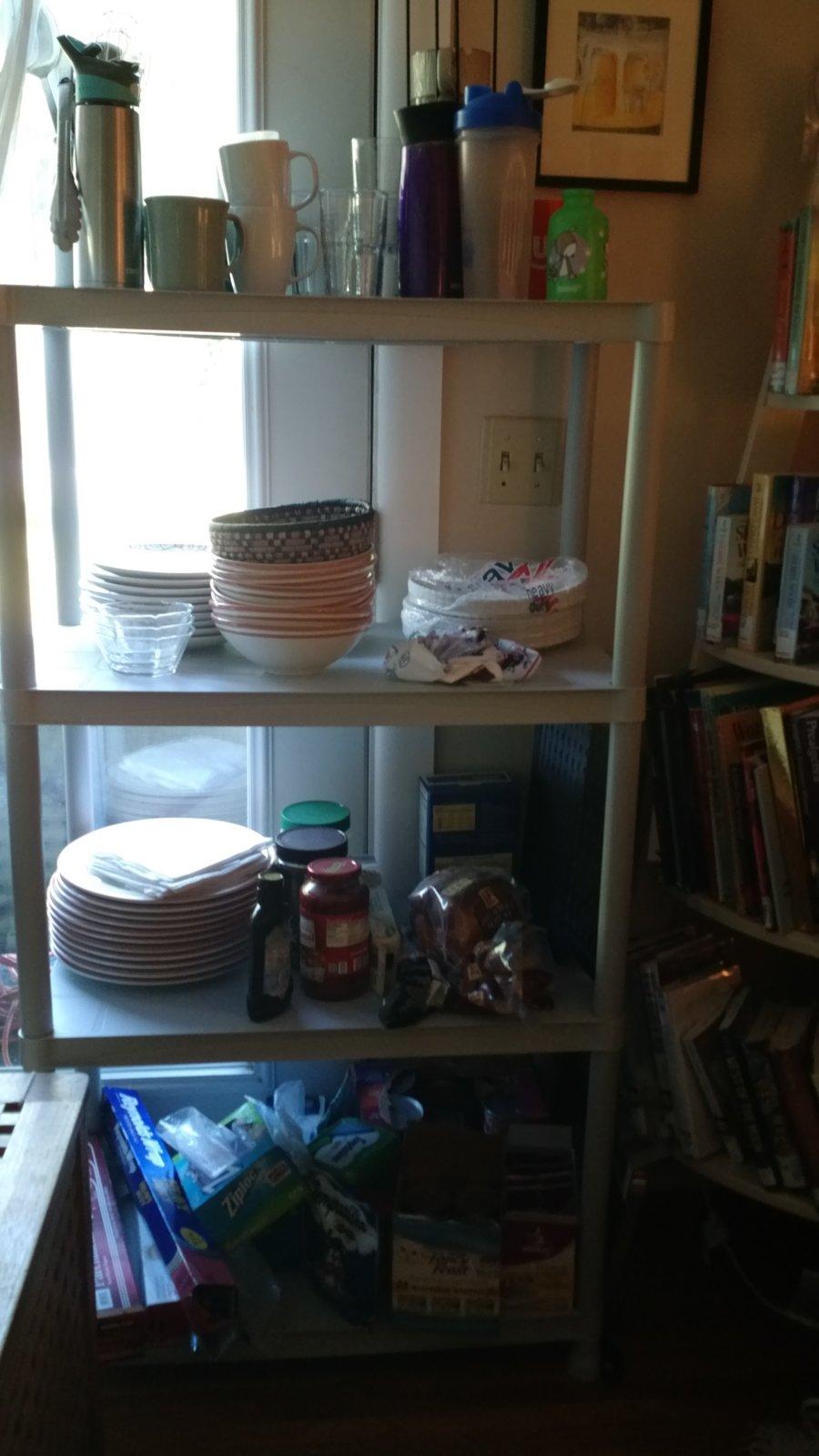 Shelf of the few dishes and glasses we've been using.