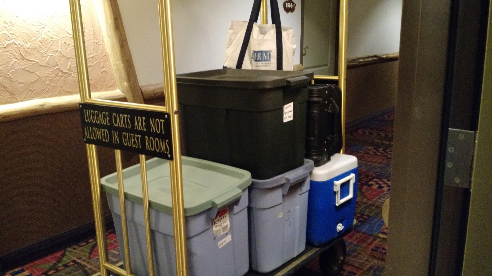 Someone on the FB page for the group recommended packing in bins to make filling the luggage cart easier; Brilliant!