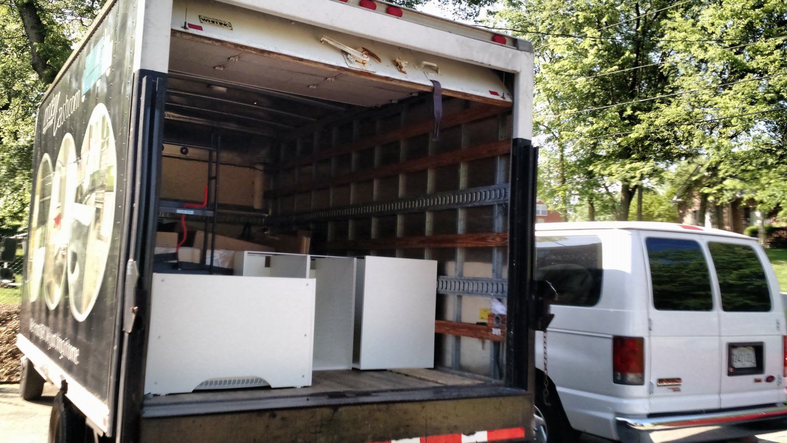 What a new kitchen looks like in the back of a truck.